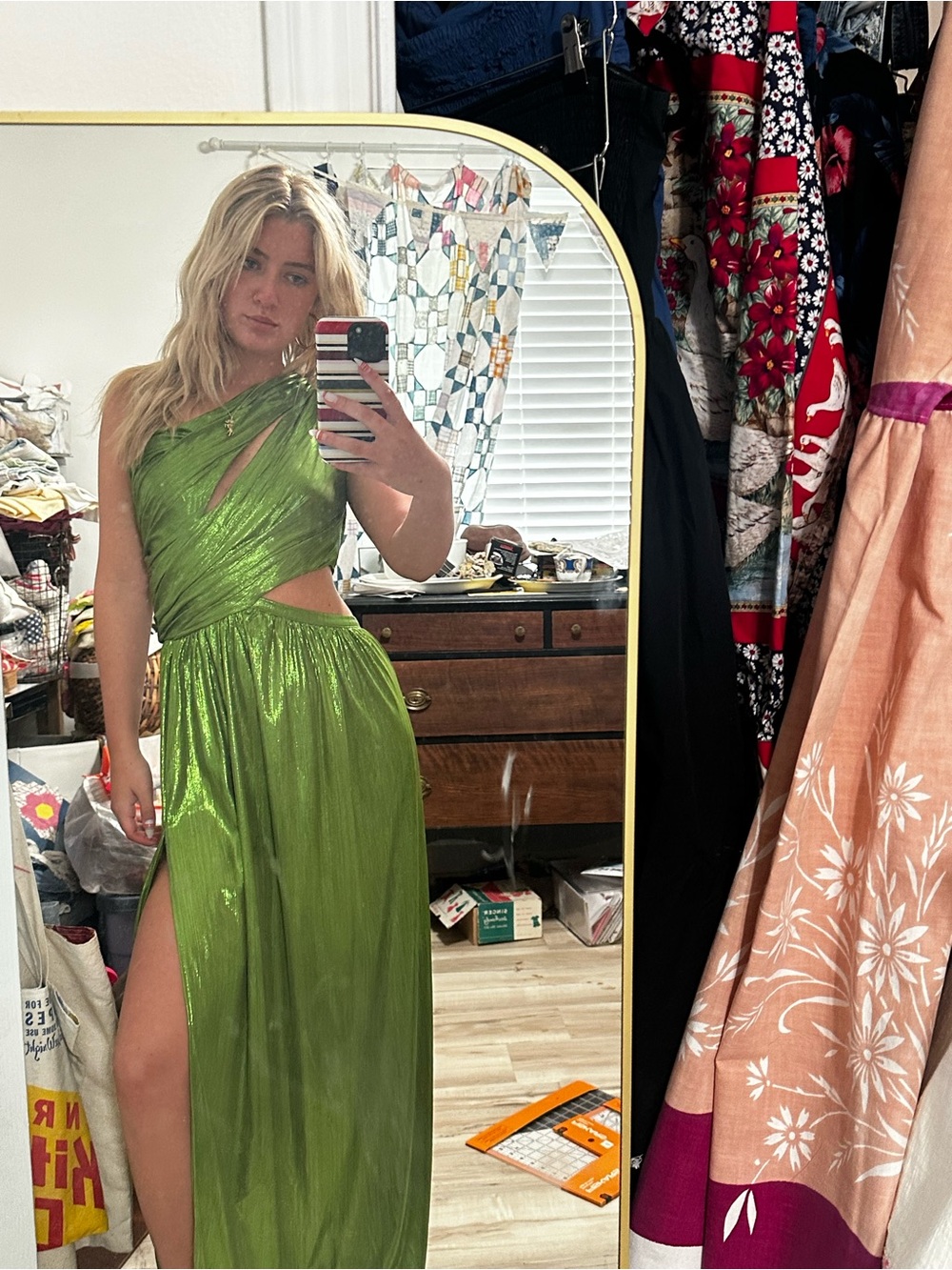 Luxxel Shimmery Emerald Green One-Shoulder Cutout Maxi Dress